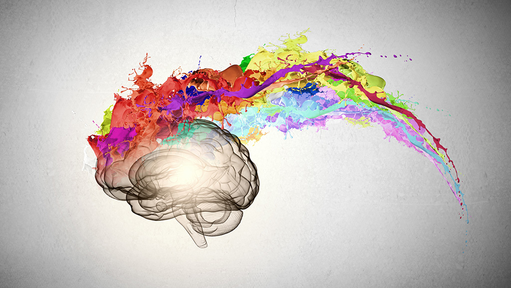 Brain with protruding, colorful creativity-cloud